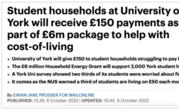 发钱啦！英国约克大学将向学生发放600万英镑补贴