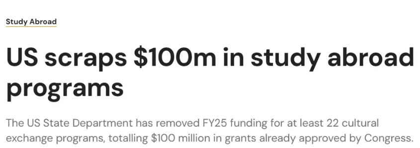 突发！美政府取消「22项」国际交流计划，1亿美元资金被撤！